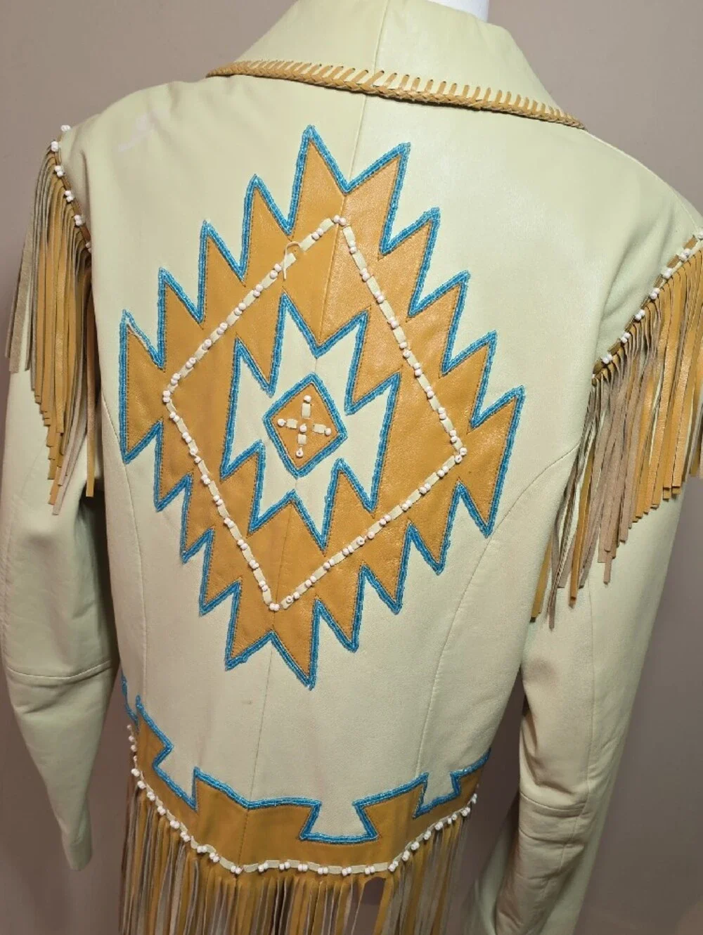 Fringed Pale Yellow Faux Leather Jacket with Turquoise Trim - Picture 9 of 15